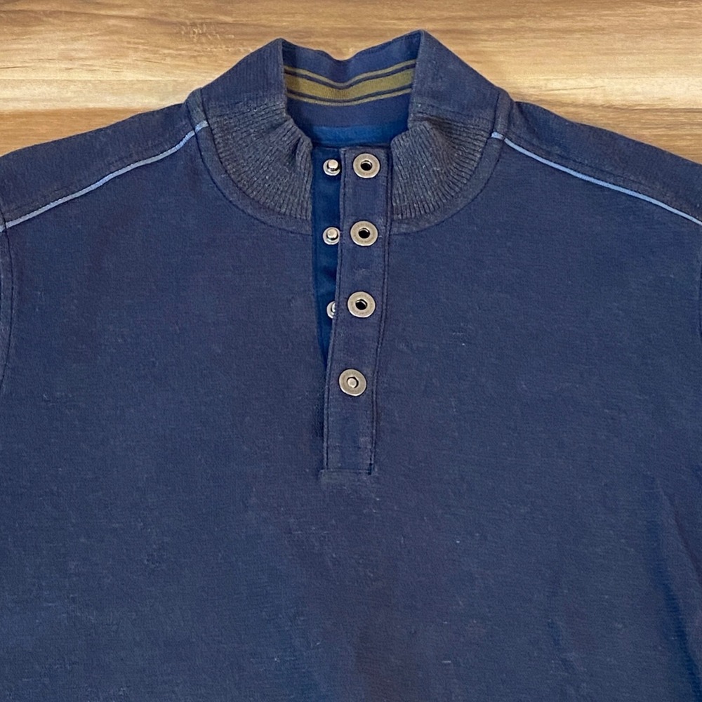 Tommy Bahama Mock Neck Pullover Large Blue Cotton Henley Sweater Casual